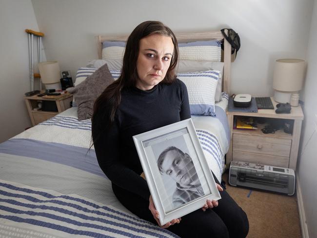 Toni Muston sits in her dead brother’s bedroom in Lara. Picture: Mark Stewart