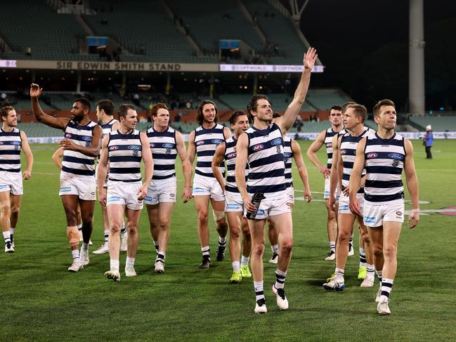 Geelong’s players leave the field after beating Adelaide. Picture: Getty Images