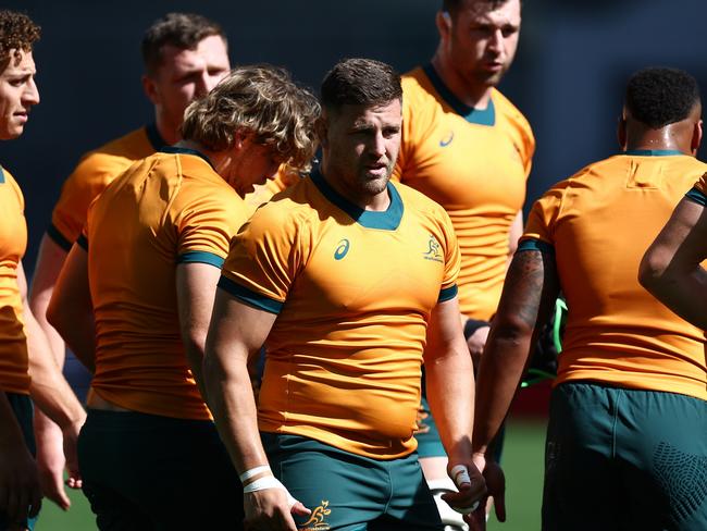 SAINT-ETIENNE, FRANCE - SEPTEMBER 16: David Porecki and  the Wallabies ahead of their Rugby World Cup France 2023 match against Fiji at Stade Geoffroy-Guichard on September 16, 2023 in Saint-Etienne, France. (Photo by Chris Hyde/Getty Images)
