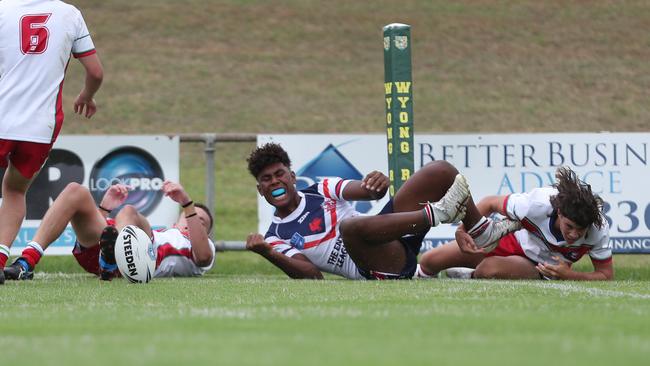 Semi Leweniqila celebrating a try for the Central Coast Roosters against the Monaro Colts in round one of the Andrew Johns Cup. Picture: Sue Graham