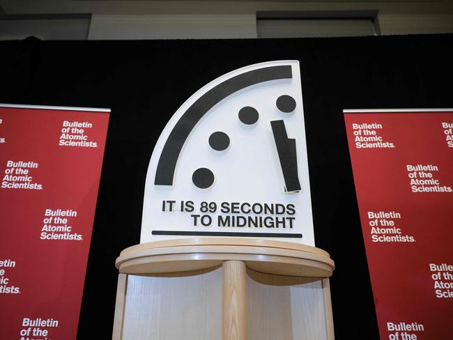 WASHINGTON, DC - JANUARY 28: The 2025 Doomsday Clock time is displayed after the time reveal held by The Bulletin of the Atomic Scientists at the United States Institute of Peace on January 28, 2025 in Washington, DC. The Doomsday Clock, currently the nearest it has been to midnight at 89 seconds, is a symbol for how close humanity is to a âglobal catastropheâ.   Kayla Bartkowski/Getty Images/AFP (Photo by Kayla Bartkowski / GETTY IMAGES NORTH AMERICA / Getty Images via AFP)