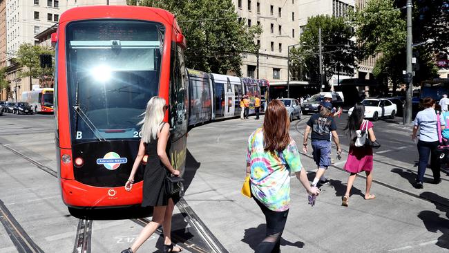 A broken-down tram on the corner of North Tce and King William St in the city. Picture: Calum Robertson