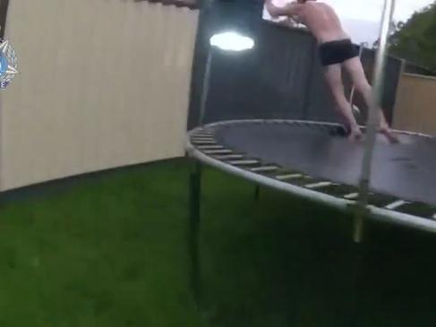 Man attempts leap off trampoline to evade police