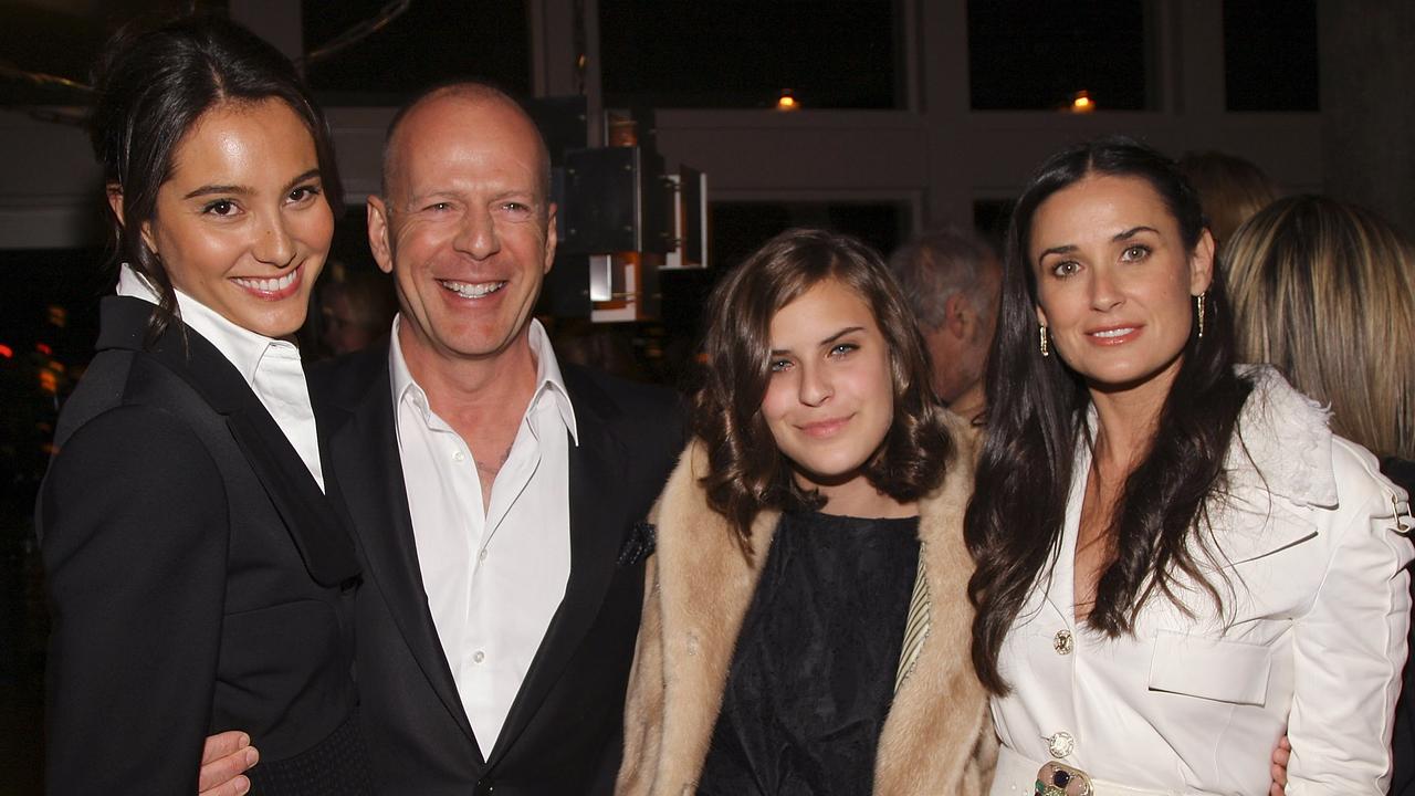 Tallulah with her dad Bruce Willis, stepmum Emma Hemming and mum Demi Moore in 2008. Picture: Stephen Lovekin/Getty Images