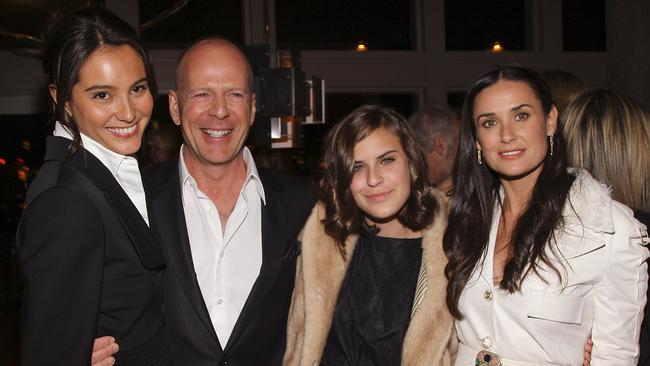 Tallulah with her dad Bruce Willis, stepmum Emma Hemming and mum Demi Moore in 2008. Picture: Stephen Lovekin/Getty Images