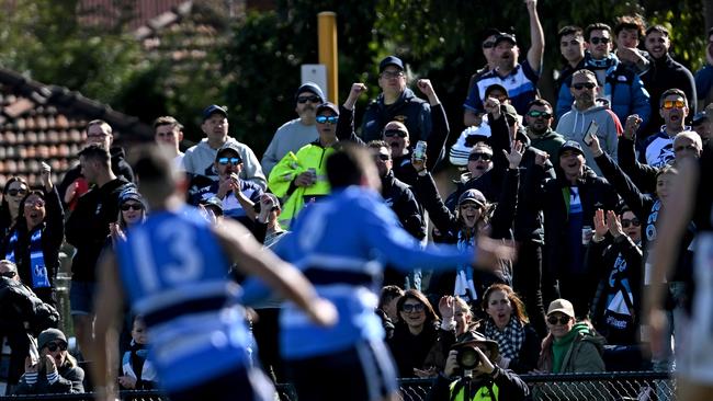 WRFL: Fans celebrate a Point Cook Centrals goal. Picture: Andy Brownbill