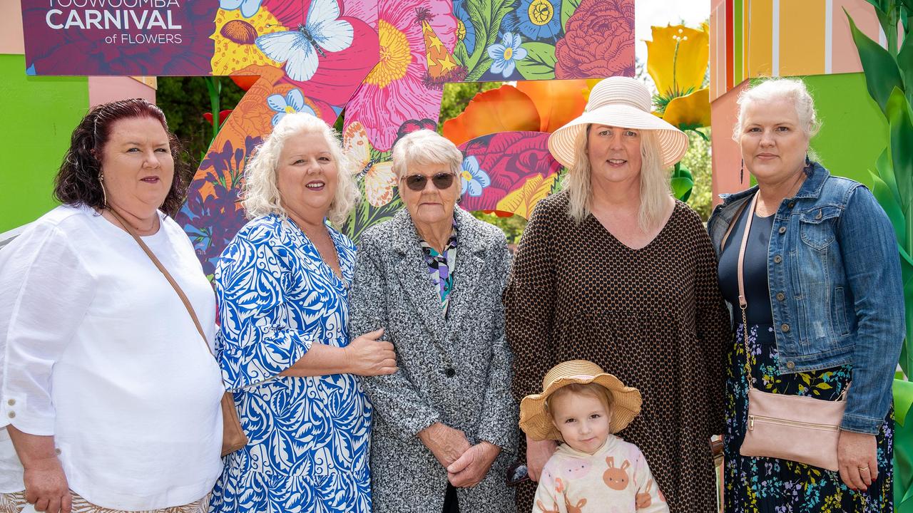 Family from Mackay for the Food and Wine Festival, from left; Nicole McIntosh, Fiona Turner, Jennifer Turner, Kathryn and her daughter, Presley Ferguson, Christie Ferguson, Toowoomba Carnival of Flowers Festival of Food and Wine, Saturday, September 14th, 2024. Picture: Bev Lacey