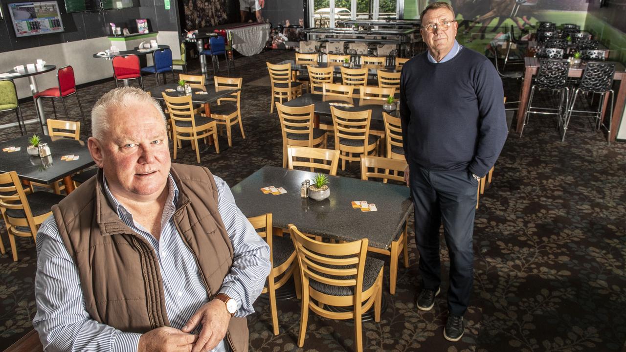 Scott Williams, Australian Hotel brokers (left) and Geoff Percy, Ray White Commercial in the recently sold Shamrock Hotel. Picture: Nev Madsen.