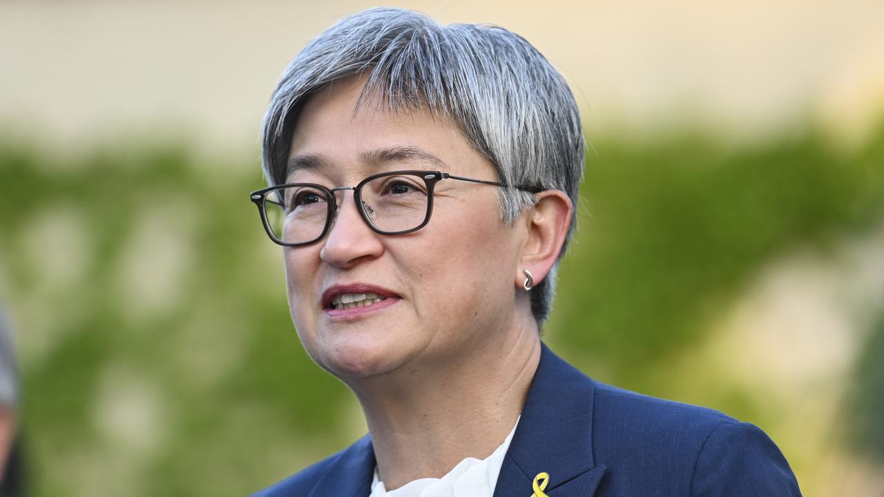 Penny Wong’s speech at the University of Tasmania was interrupted by pro Palestine protesters. Picture: NewsWire / Martin Ollman