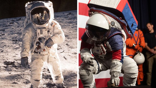 The next generation suits, pictured right, will allow astronauts to actually walk on the moon, instead of bunny hopping like those from the Apollo generation, pictured left Picture: Supplied