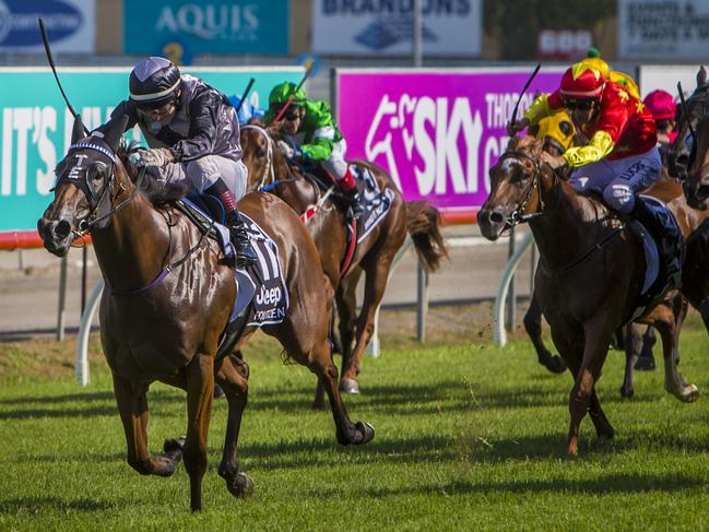 Jockey Jeff Lloyd riding Houtzen wins the Magic Millions 2YO Classic at the Magic Millions racing carnival at the Gold Coast Turf Club on the Gold Coast, Saturday, Jan. 14, 2017. (AAP Image/Glenn Hunt)