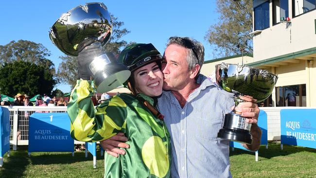 Jasmine and Greg Cornish celebrate winning the Beaudesert Cup together. Picture: Grant Peters, Trackside Photography.