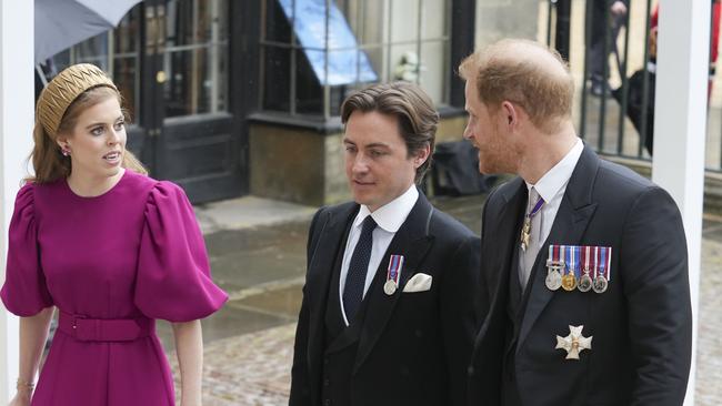 Prince Harry arrives with Princess Beatrice and Edoardo Mapelli Mozzi ahead of the coronation. Picture: Getty Images