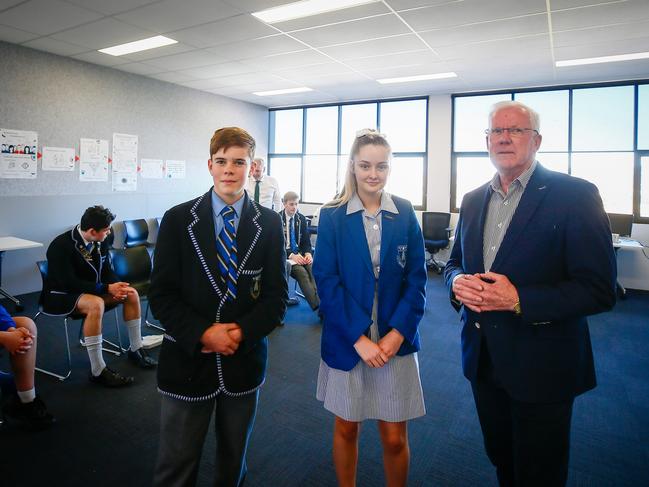 The first guest speaker to address the new Launceston Grammar Entrepreneurs Club members was Launceston businessman Errol Stewart. Pictured with Year nine student Hayley Ryan and Year 8 student Reiley Hind Picture; PATRICK GEE