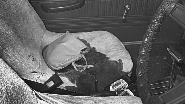 A police photograph of the interior of the Valiant sedan that Gwen Grover was found dead in on Lake St in Cairns North on October 14, 1983. Picture: Supplied