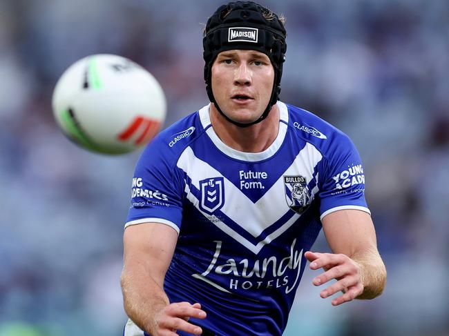 SYDNEY, AUSTRALIA - MAY 04: Matt Burton of the Bulldogs receives a pass during the round nine NRL match between Canterbury Bulldogs and Wests Tigers at Accor Stadium, on May 04, 2024, in Sydney, Australia. (Photo by Brendon Thorne/Getty Images)