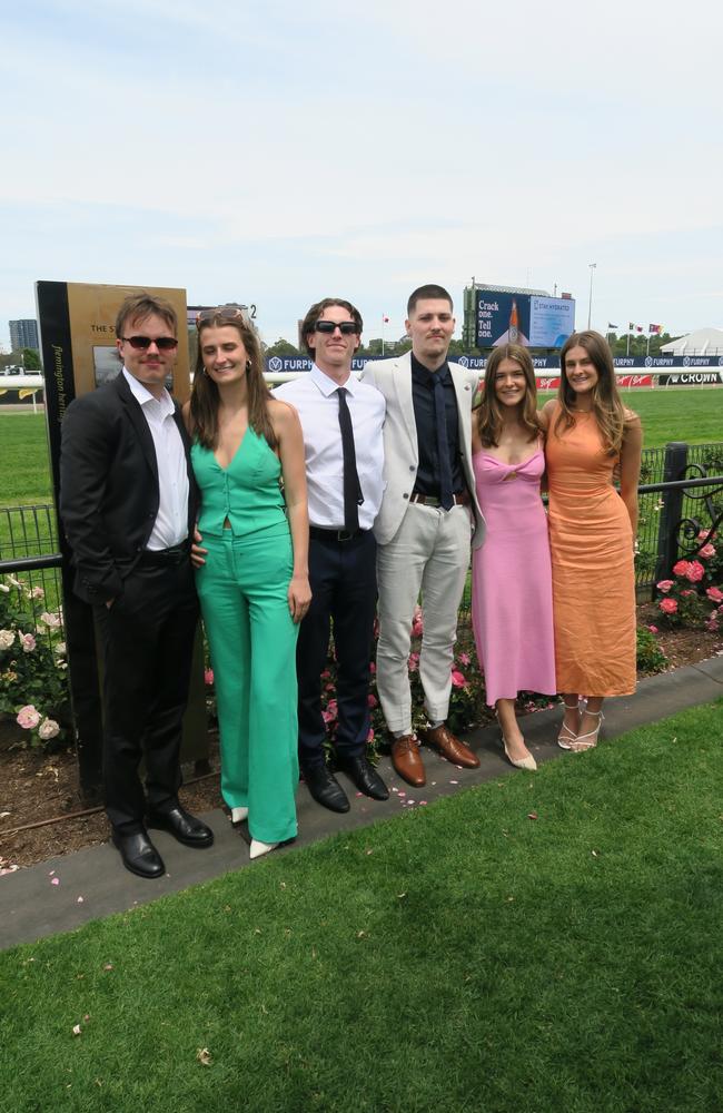 Sam, Ryan, Liv, Ellie and Issy at Seppelt Wines Stakes Day 2024 at Flemington Racecourse. Picture: Gemma Scerri