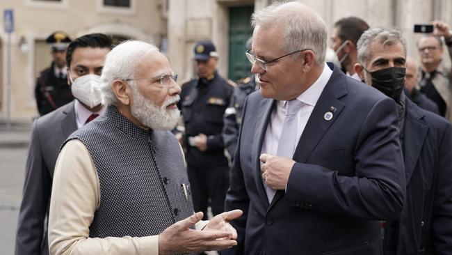 India and Australia have fast-tracked trade talks. Pictured: Prime Minister Scott Morrison, right, and Indian Prime Minister Narendra Modi. Picture: Adam Taylor