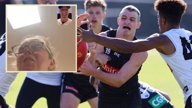 Trey Ruscoe at Collingwood training. Inset: Trey Ruscoe chats to his mum.