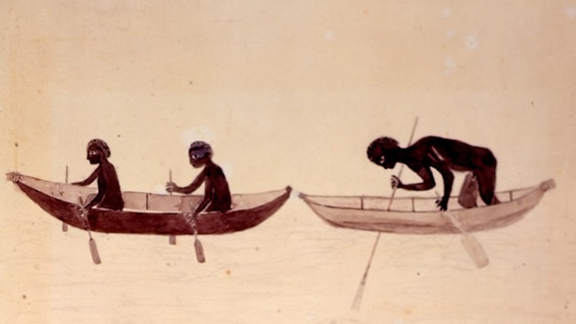 Australian aborigines in bark canoes. This may record the fishing party observed by Joseph Banks at Botany Bay on 26 April, 1770. Source: British Library