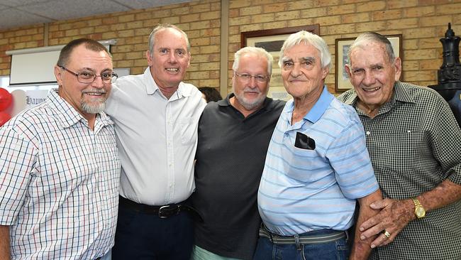 Eric Kelly, Michael Roser, ex-editor Nev McHarg, Wes Fleming and Jim Saunders (far right) enjoy the Gympie Times’ 150th birthday celebrations.