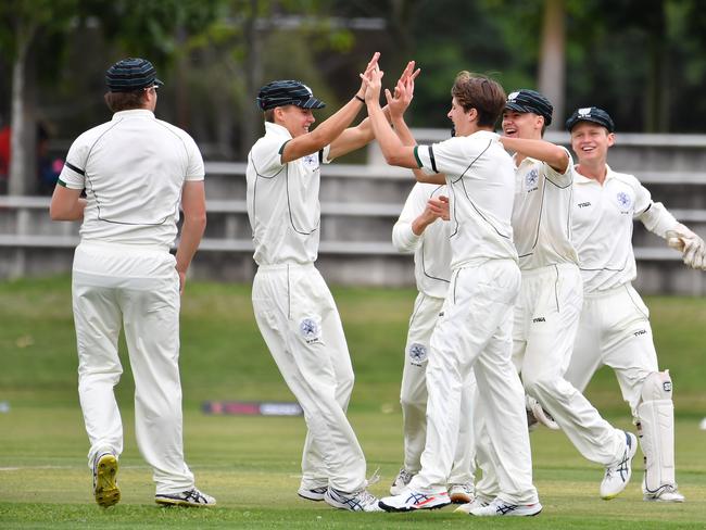 Brisbane Boys College players celebrate a wicketGPS First XI cricket Terrace v Brisbane Boys College.Saturday February 5, 2022. Picture, John Gass