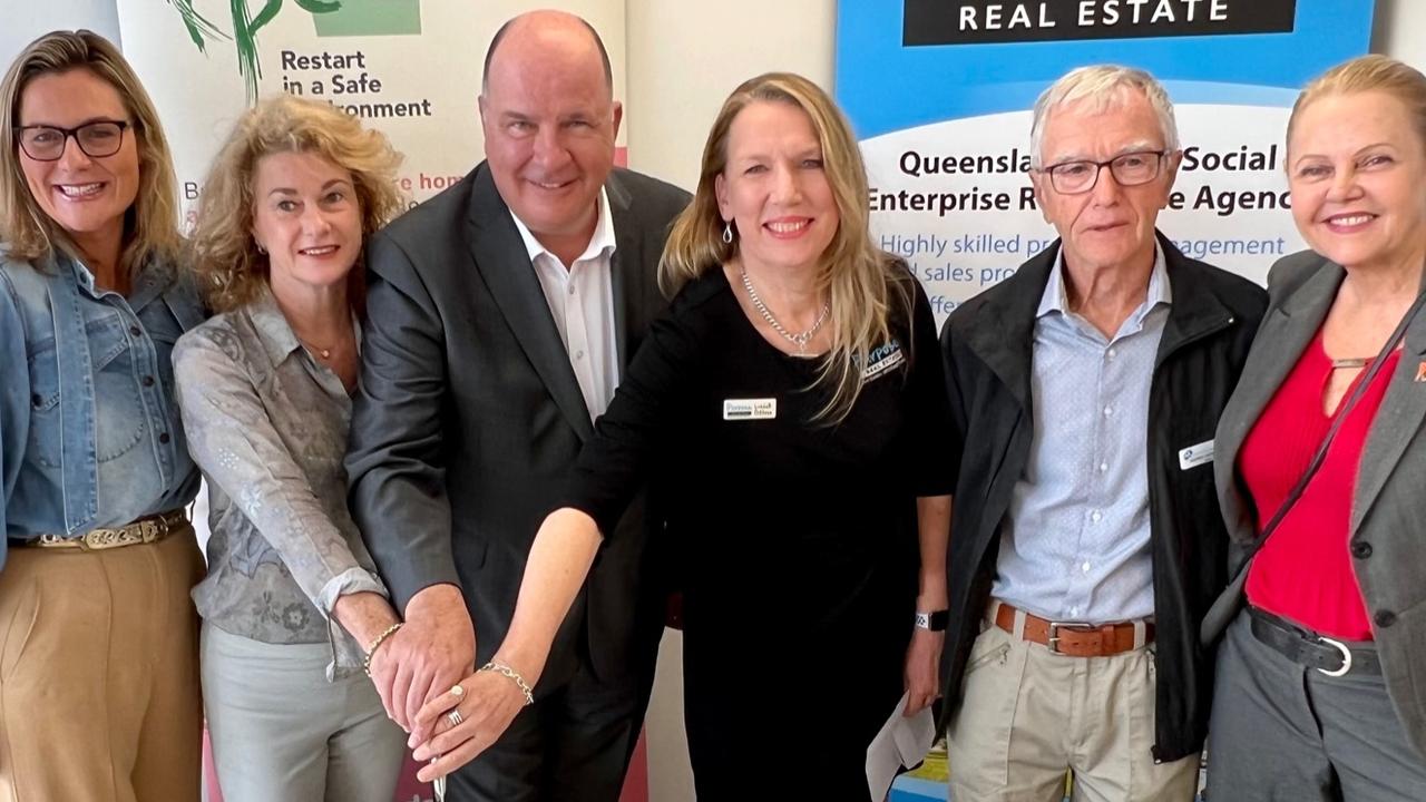 Noosa Mayor Clare Stewart, Purpose Real Estate chairwoman Helen Glanville, principal Andrew Elvin, general manager Lindell Gittoes, director Gordon Sutherland and Member for Noosa Sandy Bolton at the opening of the Tewantin Purpose Real Estate office on June 27, 2022.