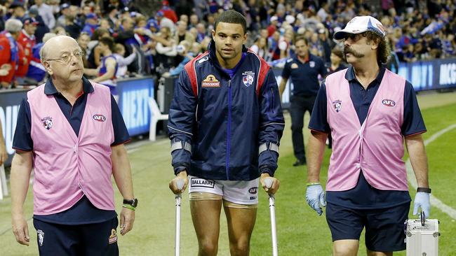 Jason Johannisen on crutchers after Saturday night’s game. Picture: Michael Klein