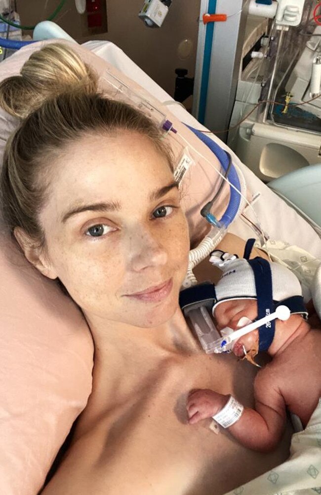 Laura Corfield with baby Porter in hospital. Picture – supplied.