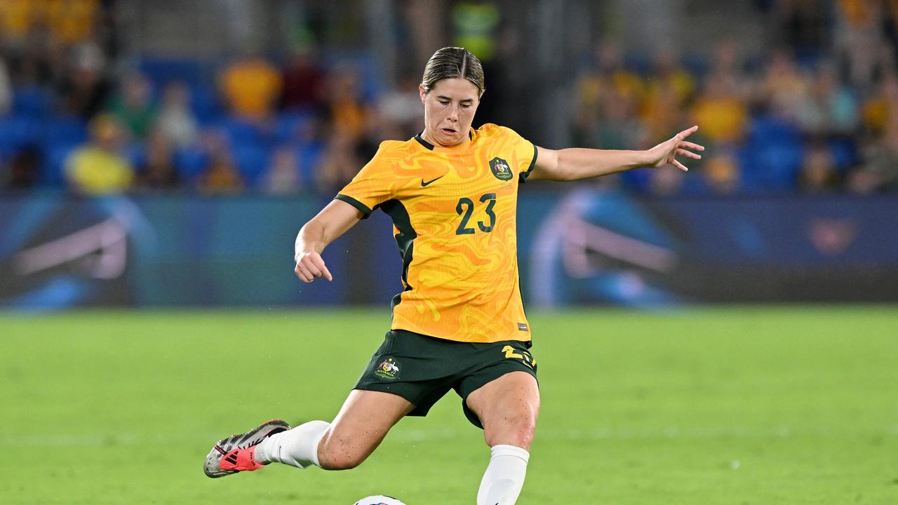 Matildas midfielder Kyra Cooney-Cross plays a pass during Australia’s 2-1 loss to Brazil. Picture: Bradley Kanaris/Getty Images