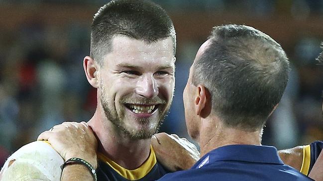 Bryce Gibbs with Don Pyke following a win after his arrival at the Crows from the Blues. Picture SARAH REED