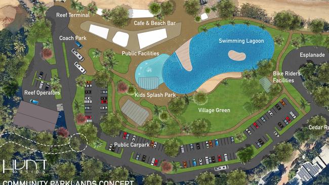 Palm Cove re-imagined: Hunt Design has released a new concept for the establishment of a safe harbour, swimming lagoon and increased carparking at Palm Cove's Williams Esplanade. Picture: Hunt Design.