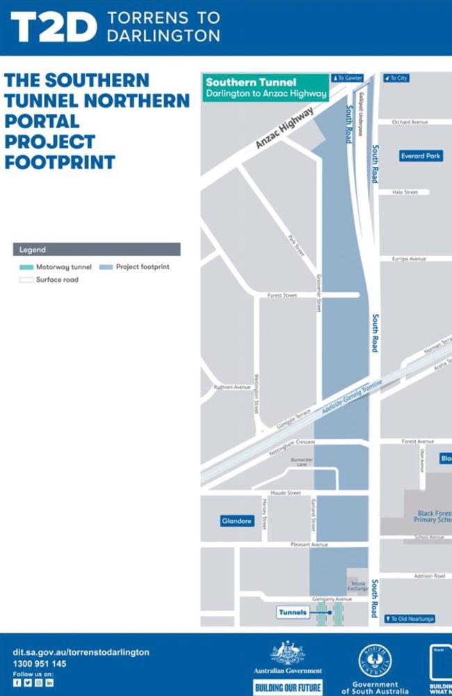 A map of South Road showing the area in which properties will be acquired for the Torrens to Darlington section near Glandore.