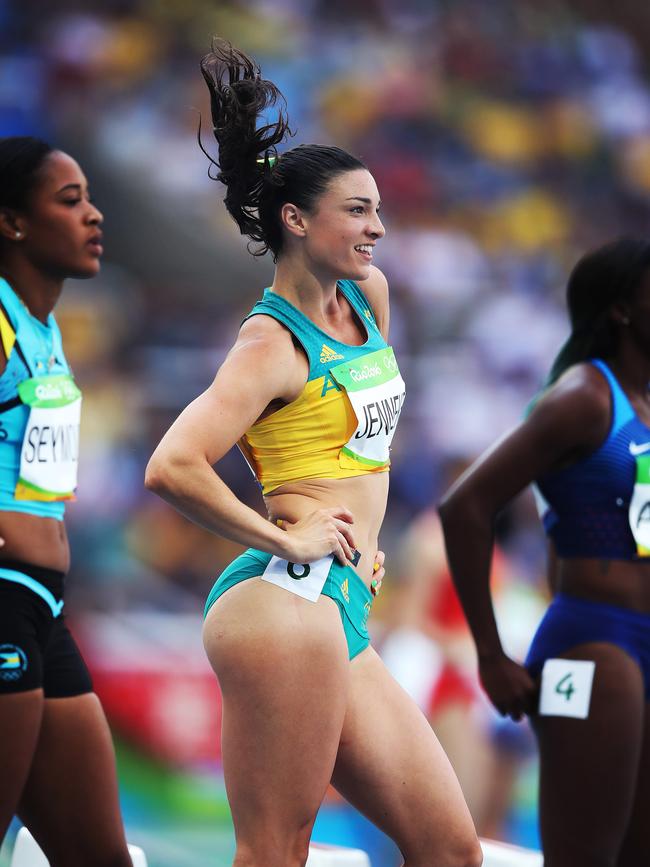Australia's Michelle Jenneke pre race routine in Round 1 of Women's 100m Hurdles during Athletics on Day 11 at the Rio 2016 Olympic Games. Picture: Phil Hillyard