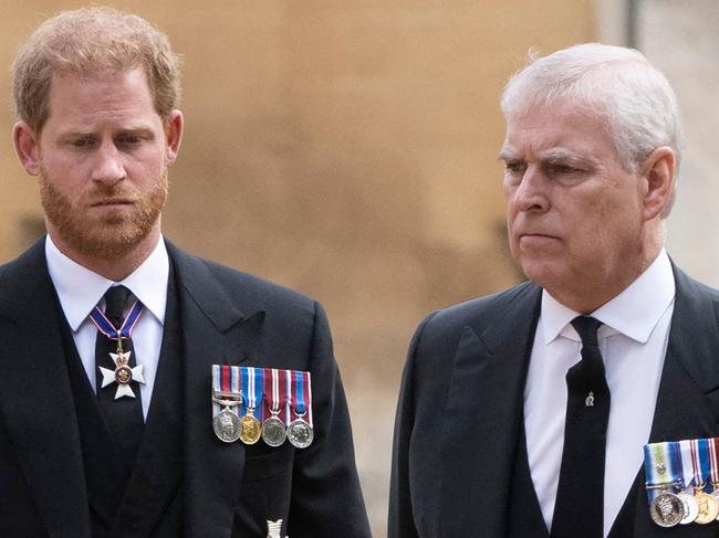 Britain's Prince Harry, Duke of Sussex (L) talks with Britain's Prince Andrew, Duke of York as they arrive at St George's Chapel inside Windsor Castle on September 19, 2022, ahead of the Committal Service for Britain's Queen Elizabeth II. - Monday's committal service is expected to be attended by at least 800 people, most of whom will not have been at the earlier State Funeral at Westminster Abbey. (Photo by David Rose / POOL / AFP)