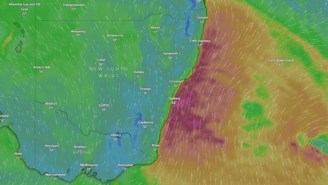 Wild winds off the NSW coast have triggered warnings for millions of residents. Picture: Windy