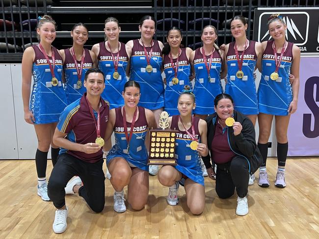 Queensland School Sport Netball 2023 - 16-19 years champions South Coast. Coach Deanne Hamilton. Assistance Coach Glen Ormesher