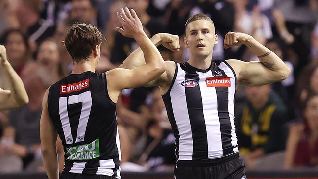 Collingwood midfielder Brayden Sier, right, is on the hunt for a new club. Picture: Michael Klein