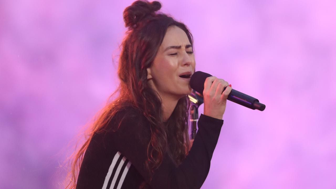 Amy Shark performs during the 2020 NRL Grand Final between the Penrith Panthers and Melbourne Storm at ANZ Stadium, Homebush. Picture: Brett Costello