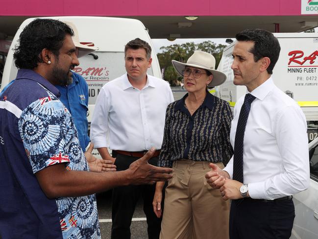 Leader of the Opposition David Crisafulli talks with Ram’s Motor Repairs Managing Director Vishal Nand about repeated youth crime damage to vehicles at his store. Picture: Liam Kidston