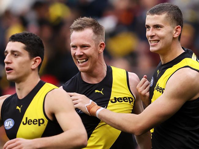 SYDNEY, AUSTRALIA - MAY 30: Callum Coleman-Jones of the Tigers celebrates with Jack Riewoldt of the Tigers after kicking a goal during the round 11 AFL match between the Richmond Tigers and the Adelaide Crows at GIANTS Stadium on May 30, 2021 in Sydney, Australia. (Photo by Mark Kolbe/AFL Photos/via Getty Images)