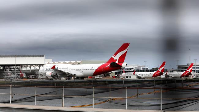 Grounded Qantas planes at Sydney Airport. Picture: Damian Shaw