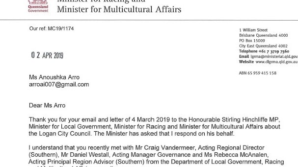 A letter to Ms Arro from the office of the Minister of Local Government. 