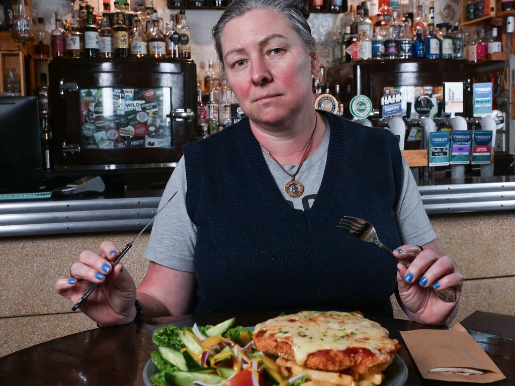 SEPTEMBER 27, 2024: Duke of Brunswick owner Simone Douglas with a $33.50 chicken schnitzel with salad, with each one sold making just a $2 profit. Picture: Brenton Edwards