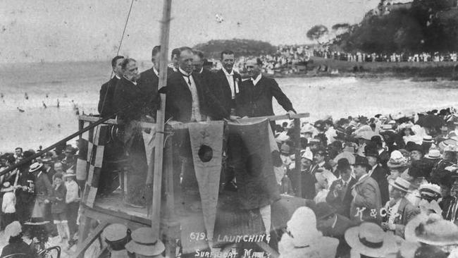 Officials at the launching of Manly Council's surfboat on March 20, 1907. Picture Northern Beaches Library