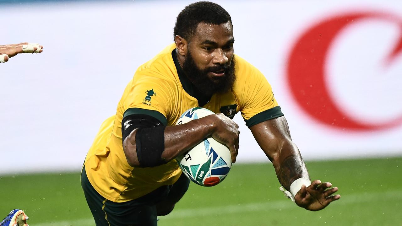 Australia winger Marika Koroibete scores a try during the Rugby World Cup.