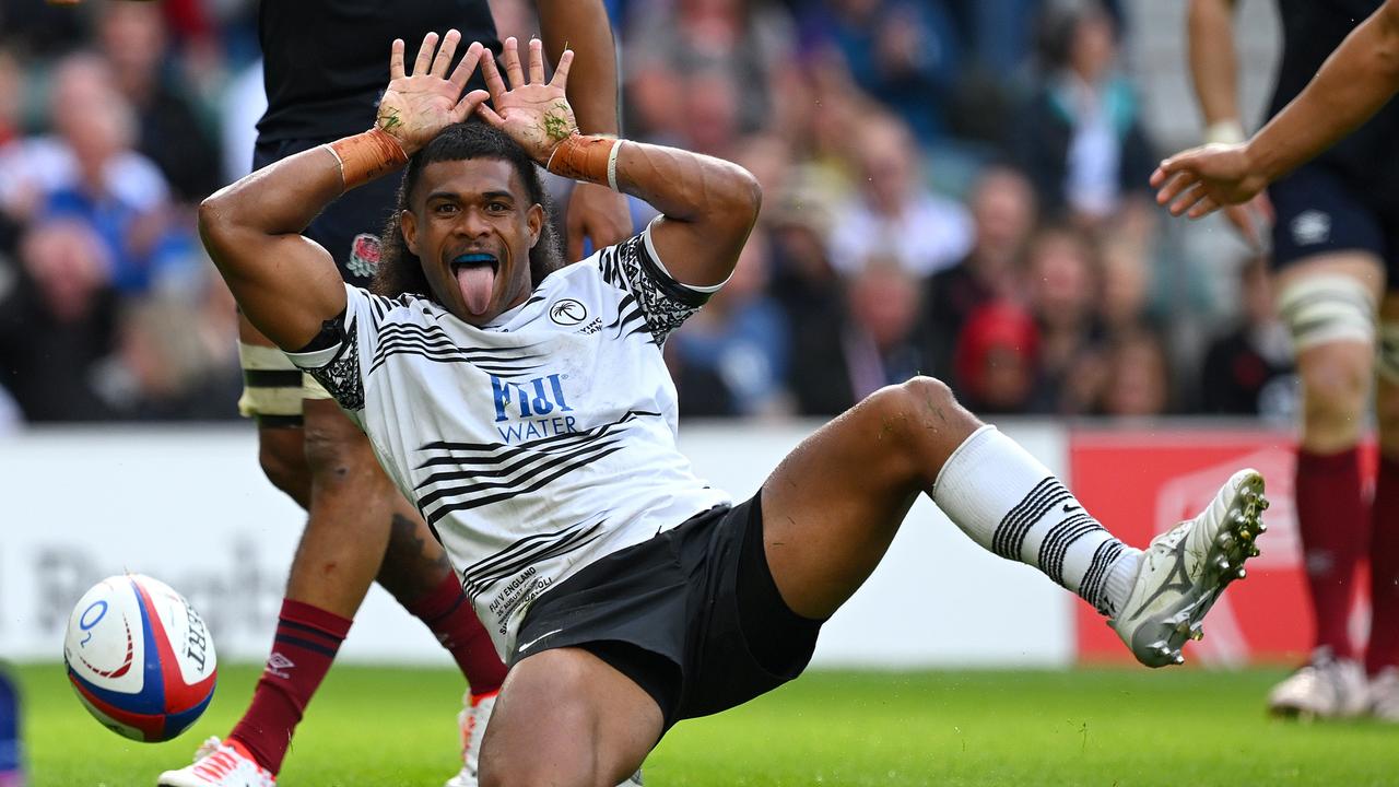 LONDON, ENGLAND – AUGUST 26: Simione Kuruvolia of Fiji celebrates scoring the team's third try during the Summer International match between England and Fiji at Twickenham Stadium on August 26, 2023 in London, England. (Photo by Clive Mason/Getty Images) *** BESTPIX ***