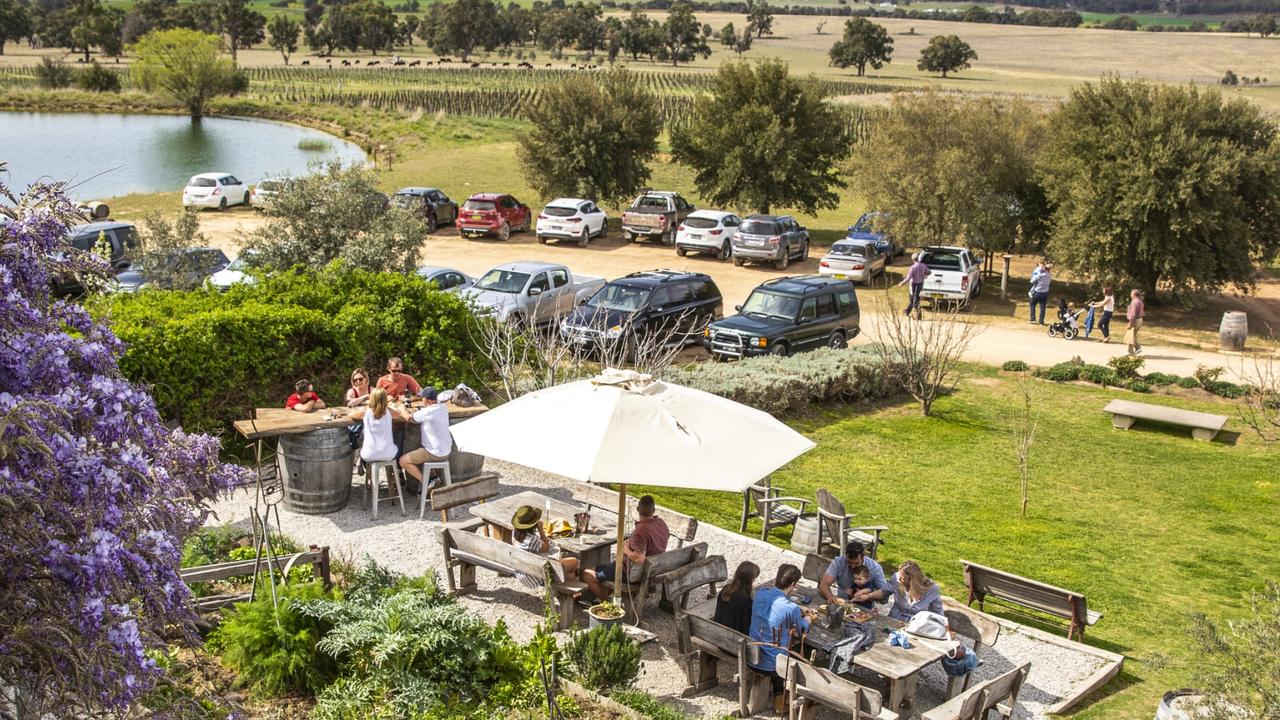 Visitors enjoying food and wine at Lowe Wines, Mudgee.