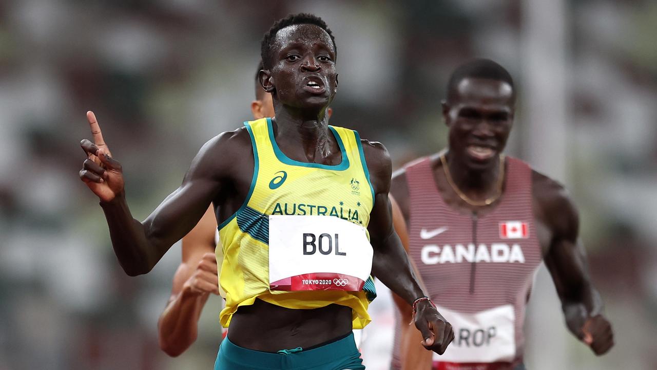 TOKYO, JAPAN - AUGUST 01: Peter Bol of Team Australia celebrates after winning his Men's 800m Semi-Final on day nine of the Tokyo 2020 Olympic Games at Olympic Stadium on August 01, 2021 in Tokyo, Japan. (Photo by Patrick Smith/Getty Images)
