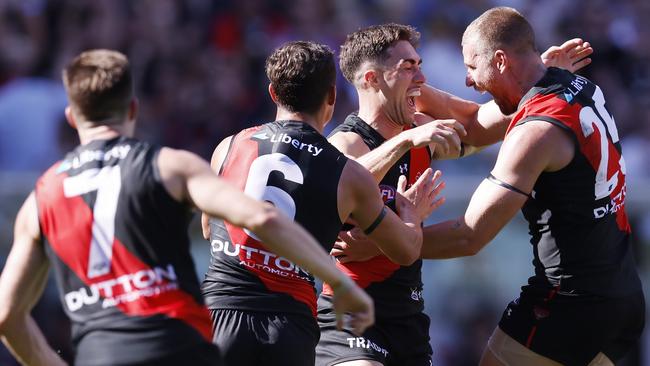 MELBOURNE , AUSTRALIA. March 16 , 2024.  AFLÃ Round 1. Essendon vs Hawthorn at the MCG.   Jade Gresham of the Bombers celebrates a 4th quarter goal  . Pic: Michael Klein